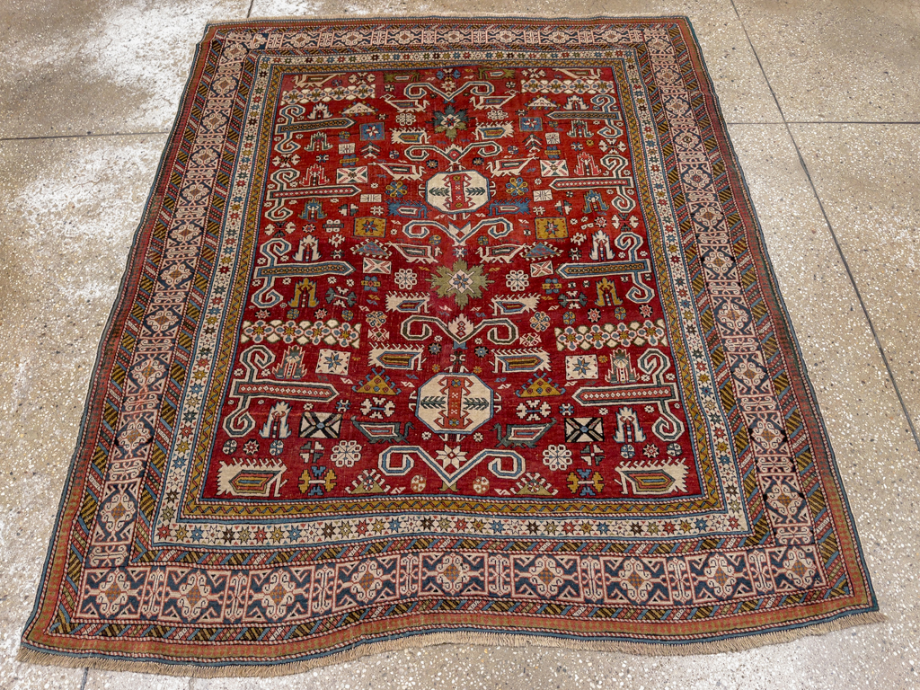 Antique Caucasian Perpedil Accent Rug, No.11002 - Gss