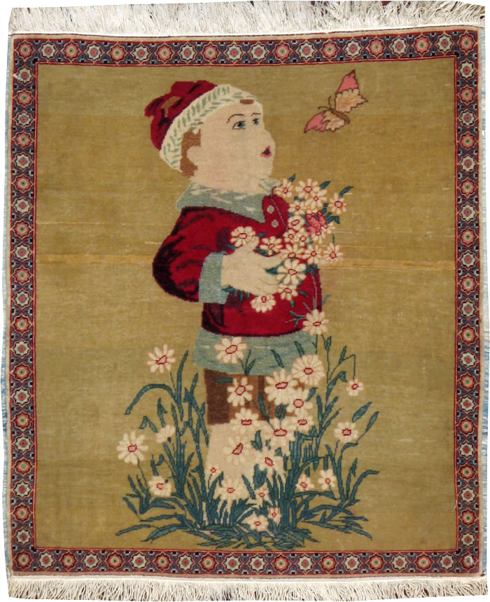 Vintage Persian Kashan Pictorial Rug, No.11852 - Gss