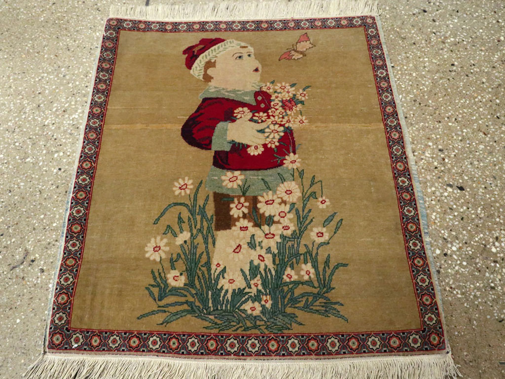 Vintage Persian Kashan Pictorial Rug, No.11852 - Gss