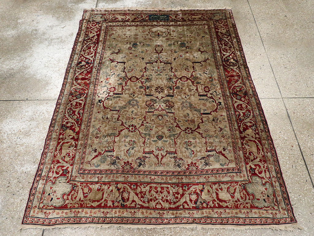 Antique Persian Silk Tabriz Accent Rug, No.13880 - Gss