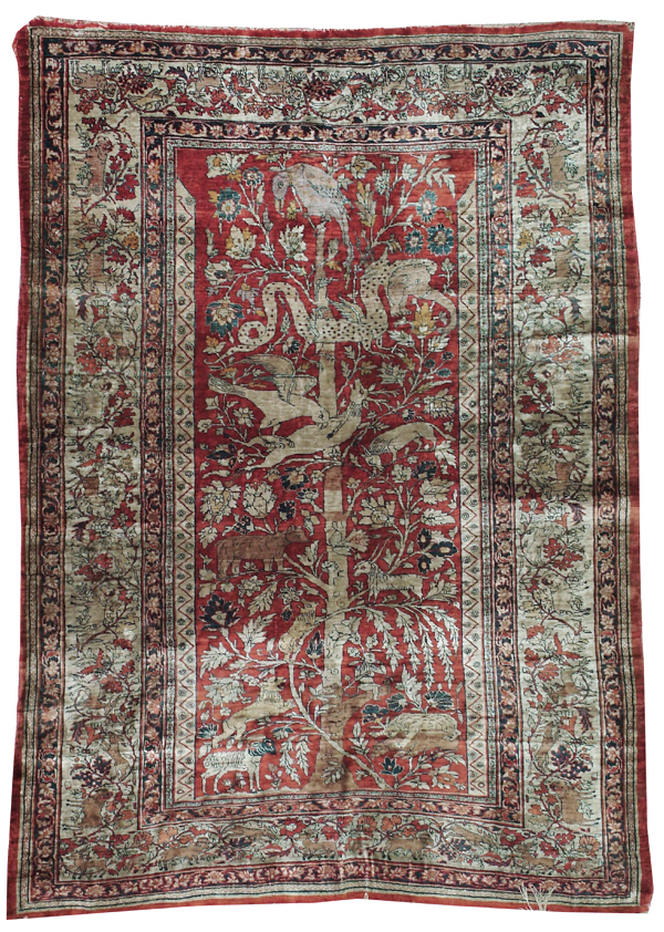 Antique Persian Silk Tabriz Pictorial Accent Rug, No.16402 - Gss