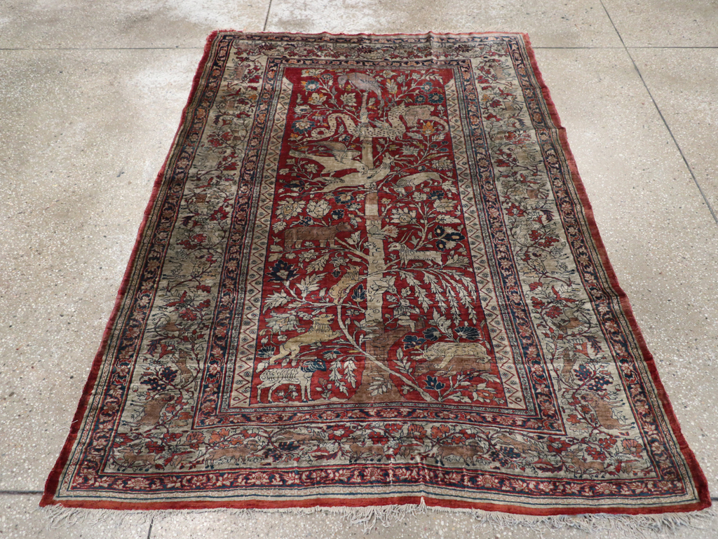 Antique Persian Silk Tabriz Pictorial Accent Rug, No.16402 - Gss