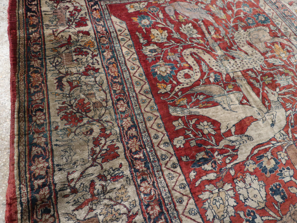 Antique Persian Silk Tabriz Pictorial Accent Rug, No.16402 - Gss