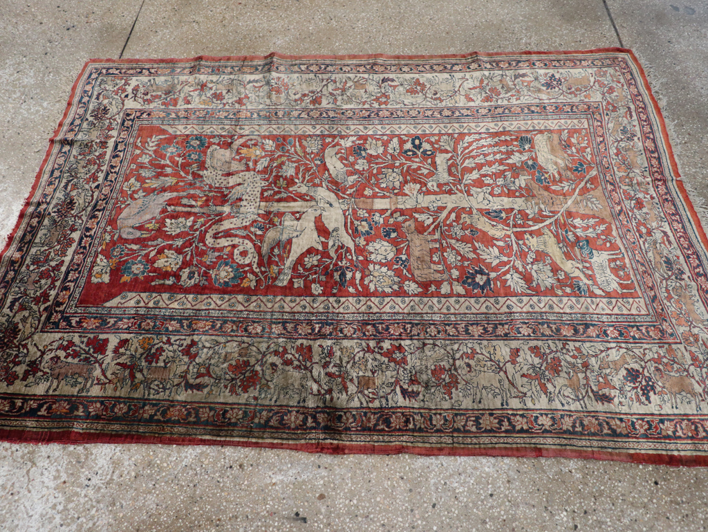 Antique Persian Silk Tabriz Pictorial Accent Rug, No.16402 - Gss