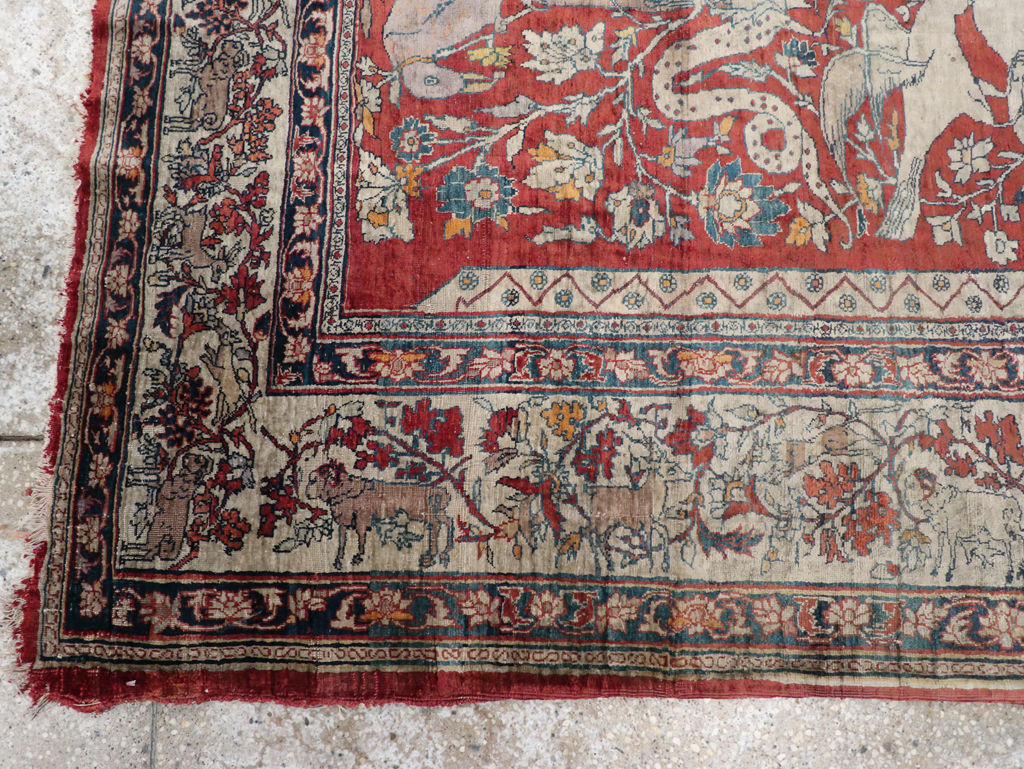 Antique Persian Silk Tabriz Pictorial Accent Rug, No.16402 - Gss
