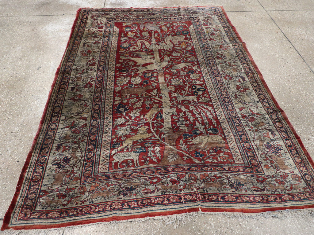 Antique Persian Silk Tabriz Pictorial Accent Rug, No.16402 - Gss