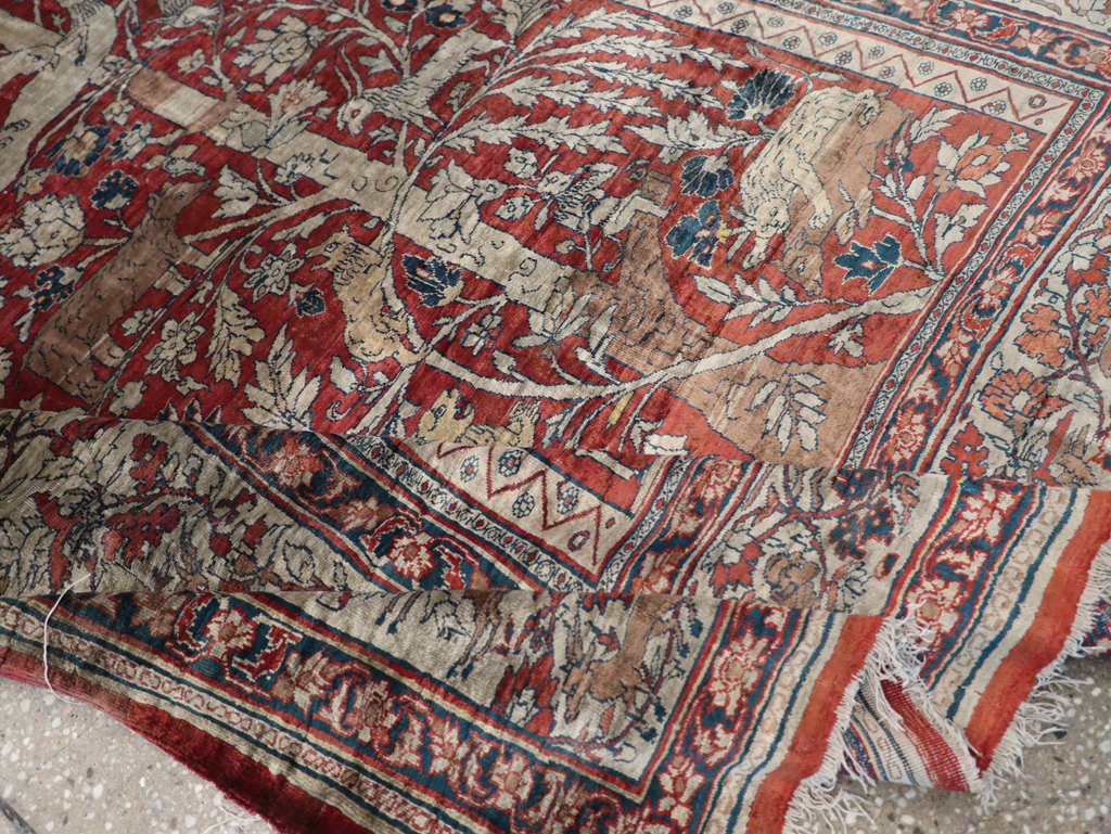 Antique Persian Silk Tabriz Pictorial Accent Rug, No.16402 - Gss