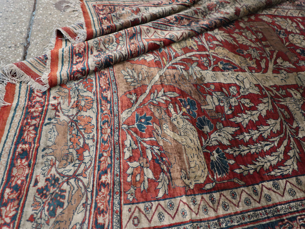 Antique Persian Silk Tabriz Pictorial Accent Rug, No.16402 - Gss