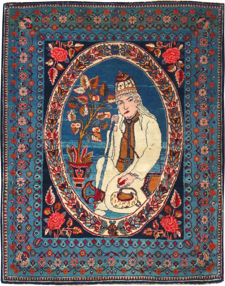 Vintage Persian Yazd Pictorial Throw Rug, No.19029 - Gss