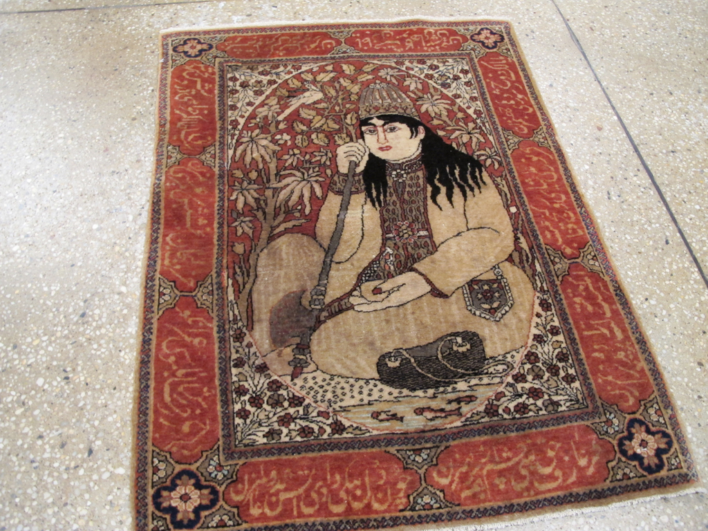 Antique Persian Mohtasham Kashan Pictorial Rug, No.21169 - Gss
