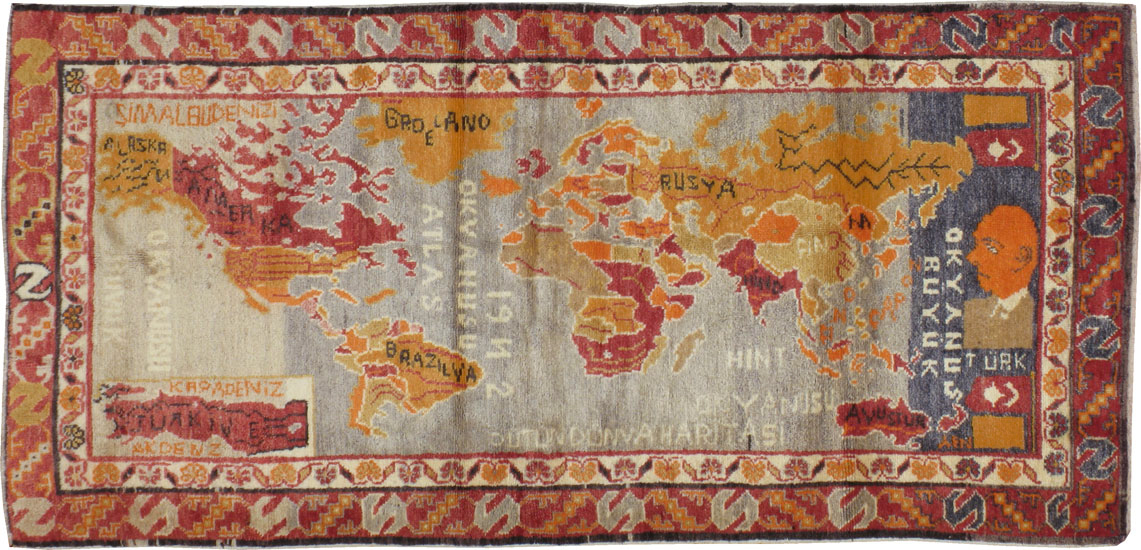 Vintage Turkish Oushak Map Rug, No.21408 - Gss