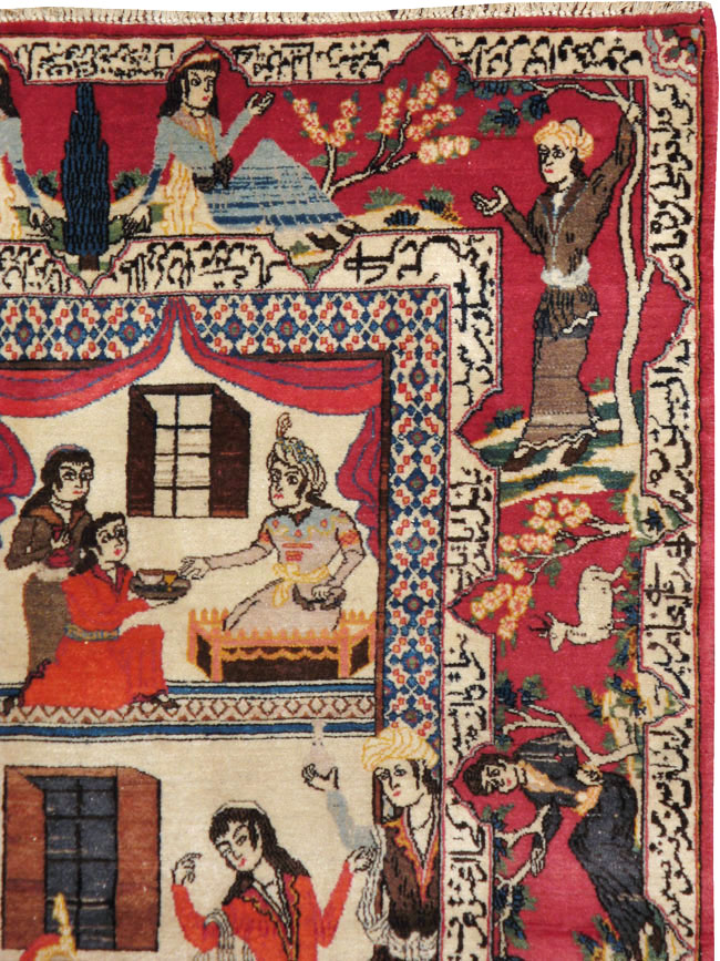 Vintage Persian Kashan Pictorial Rug, No.22075 - Gss