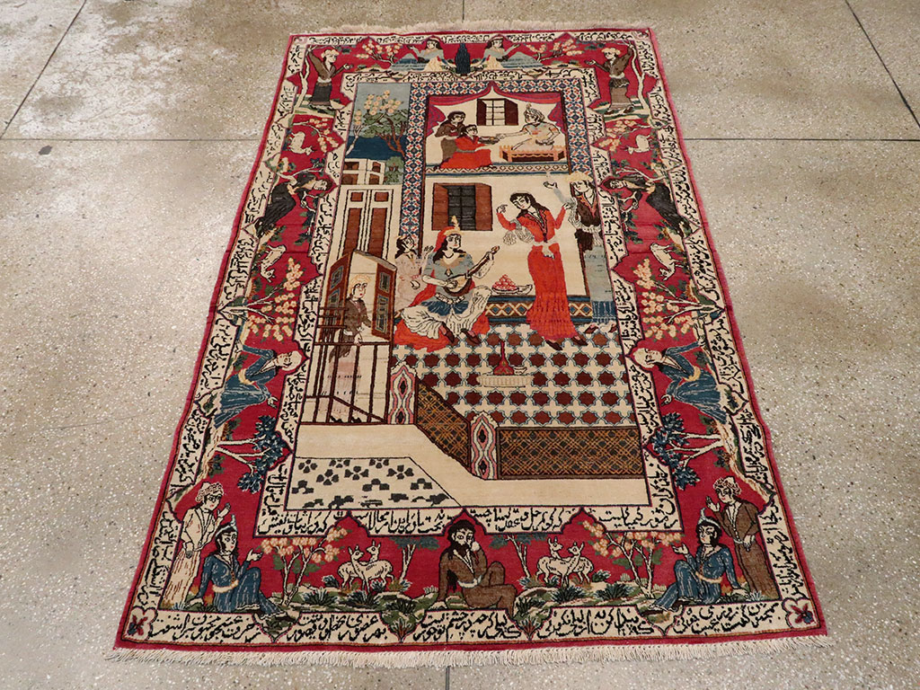 Vintage Persian Kashan Pictorial Rug, No.22075 - Gss