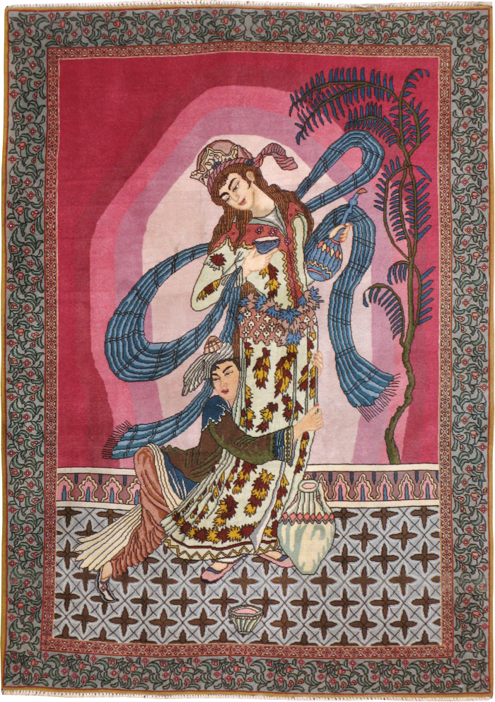 Vintage Persian Tabriz Pictorial Throw Rug (Pair: 1 of 2), No.23847 - Gss