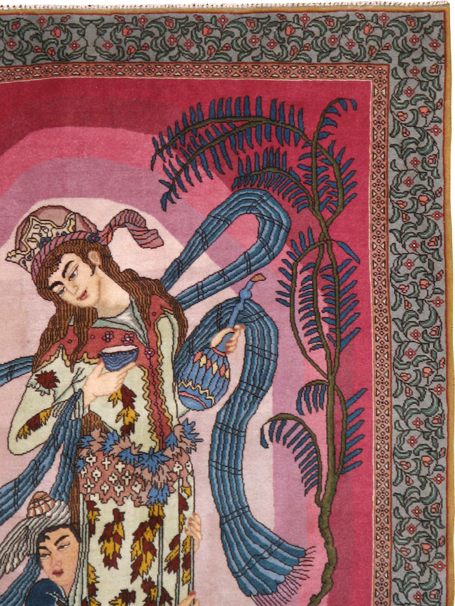 Vintage Persian Tabriz Pictorial Throw Rug (Pair: 1 of 2), No.23847 - Gss