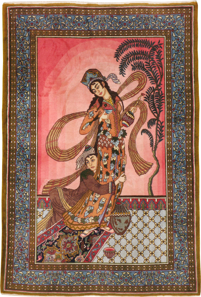 Vintage Persian Tabriz Pictorial Throw Rug (Pair: 2 of 2), No.23848 - Gss