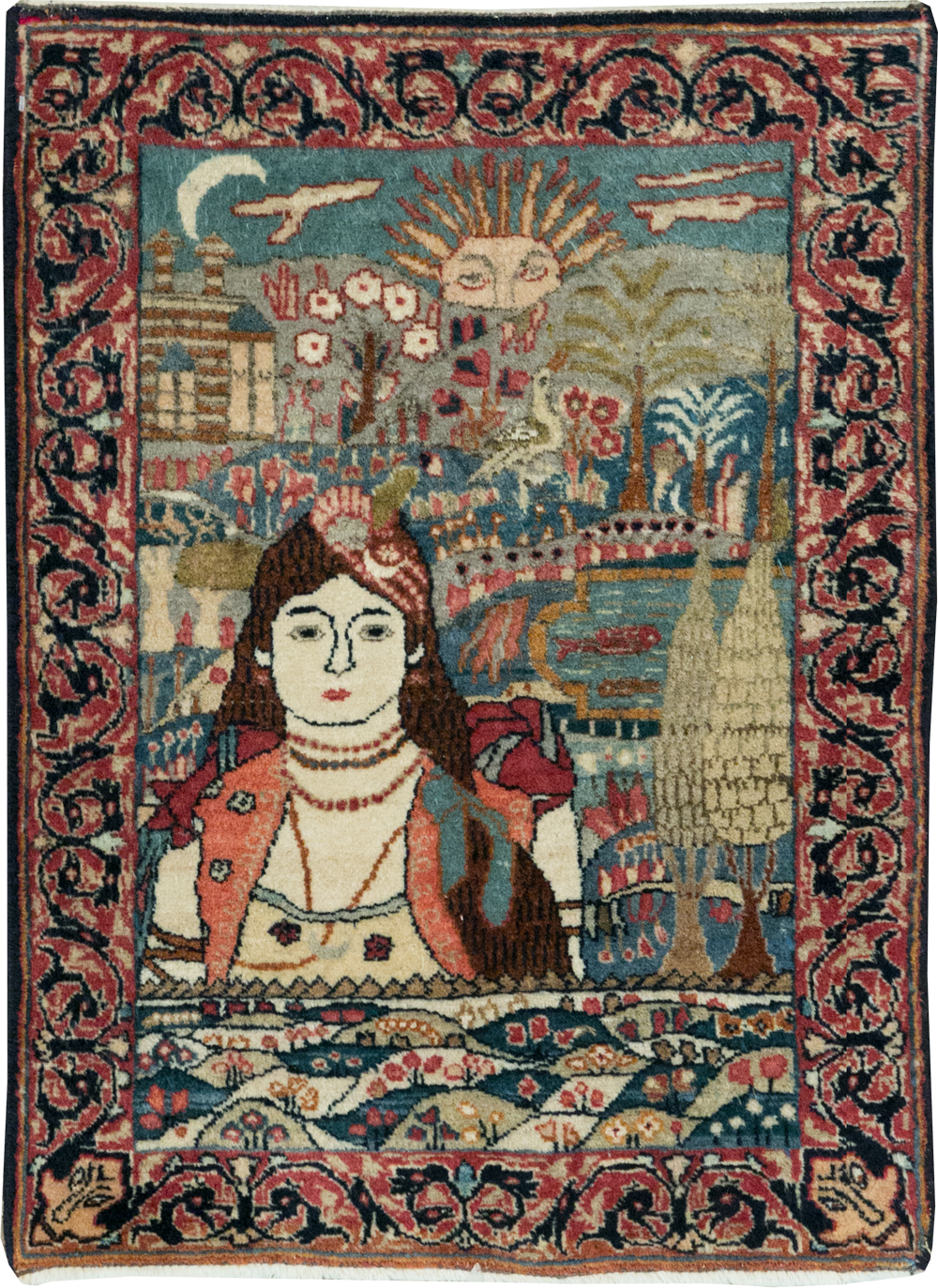 Antique Persian Lavar Kerman Pictorial Rug, No.24245 - Gss