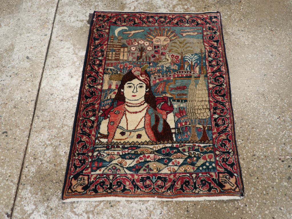 Antique Persian Lavar Kerman Pictorial Rug, No.24245 - Gss