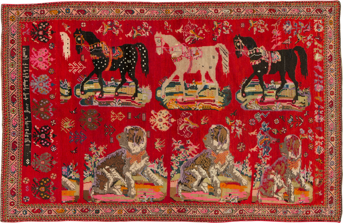 Vintage Caucasian Karabagh Pictorial Accent Rug, No.24487 - Gss