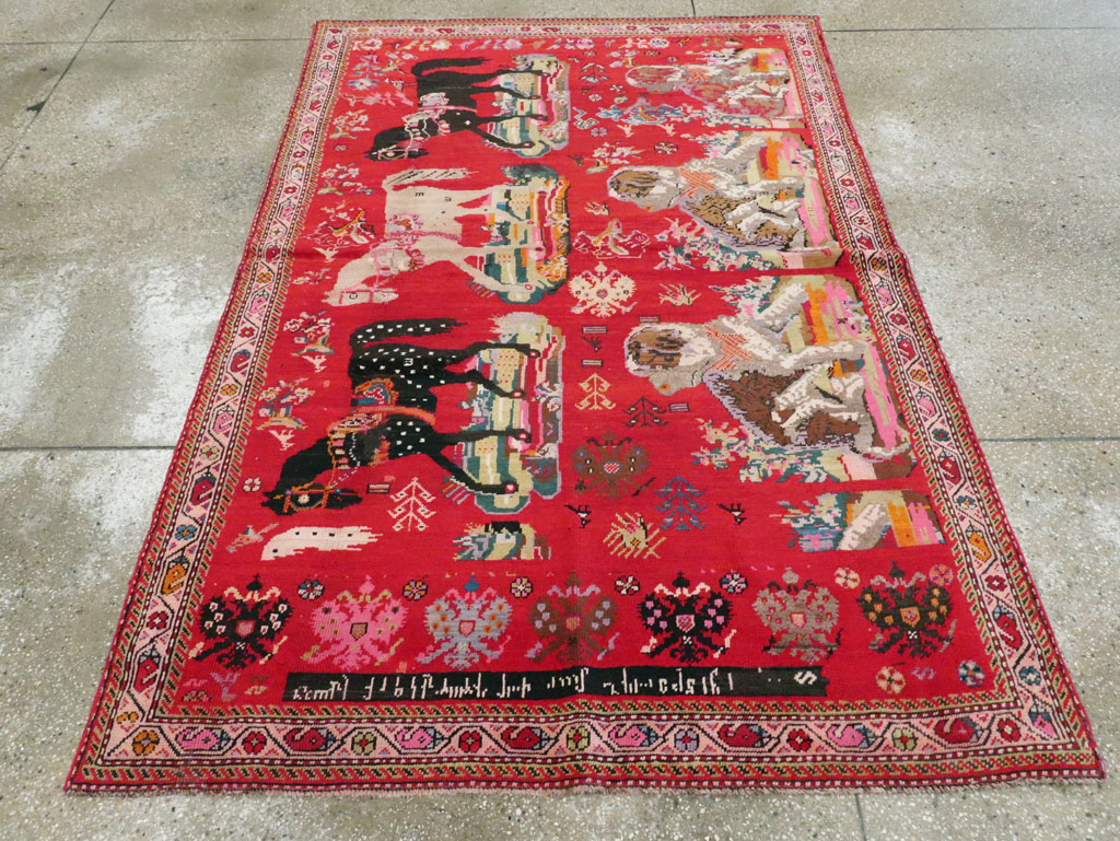 Vintage Caucasian Karabagh Pictorial Accent Rug, No.24487 - Gss