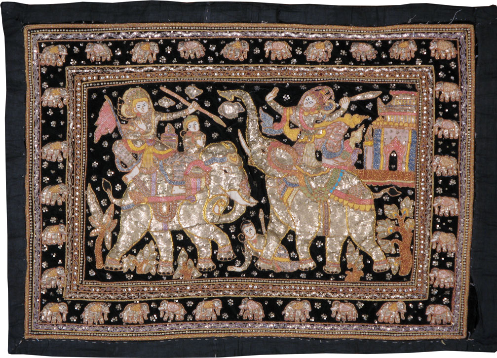 Burmese High Relief Richly Embroidered and Beaded Tapestry, No.24648 - Gss