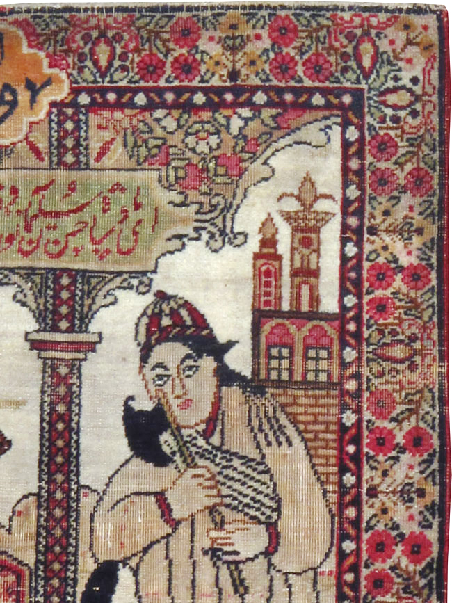 Antique Persian Lavar Kerman Pictorial Throw Rug, No.24993 - Gss