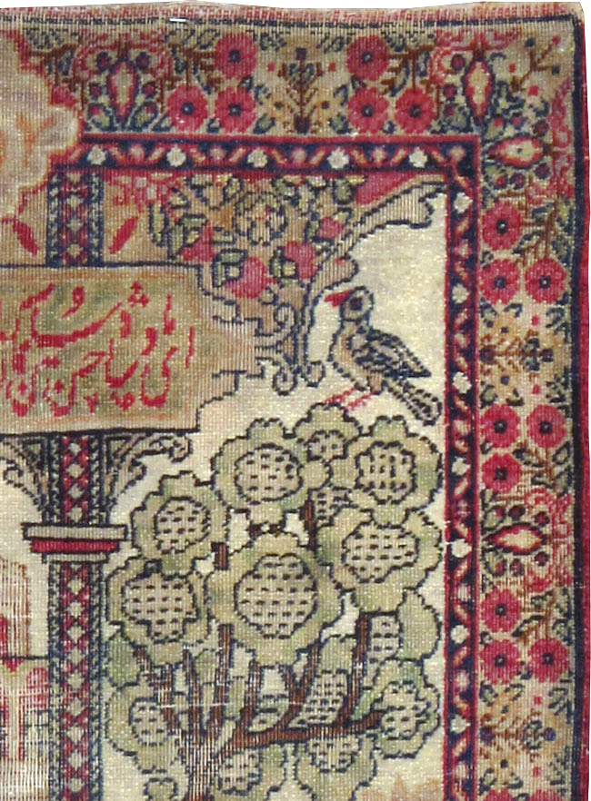 Antique Persian Lavar Kerman Pictorial Throw Rug, No.25005 - Gss