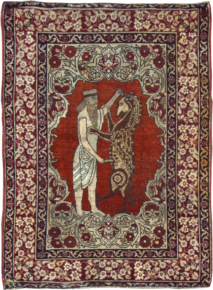 Antique Persian Lavar Kerman Pictorial Throw Rug, No.25014 - Gss