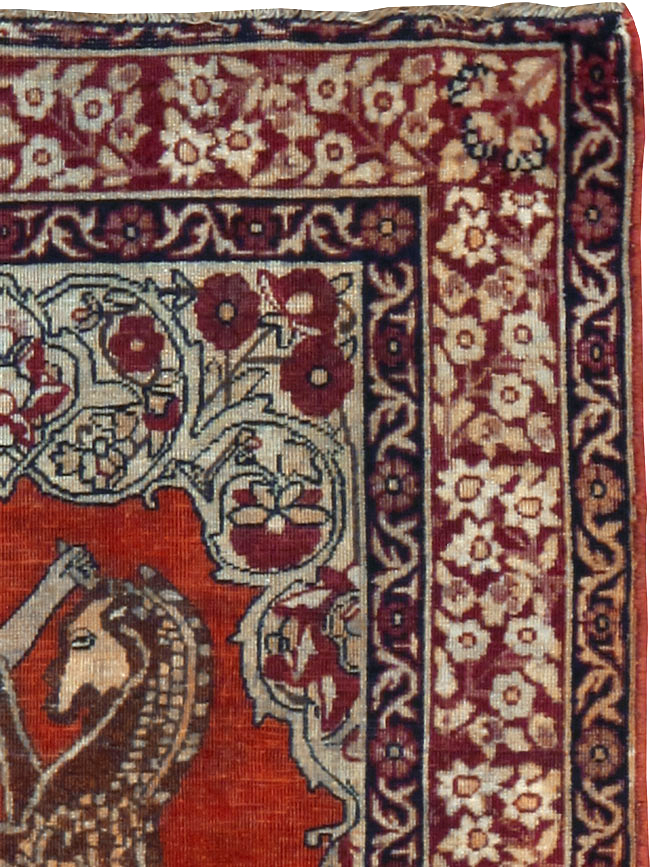 Antique Persian Lavar Kerman Pictorial Throw Rug, No.25014 - Gss