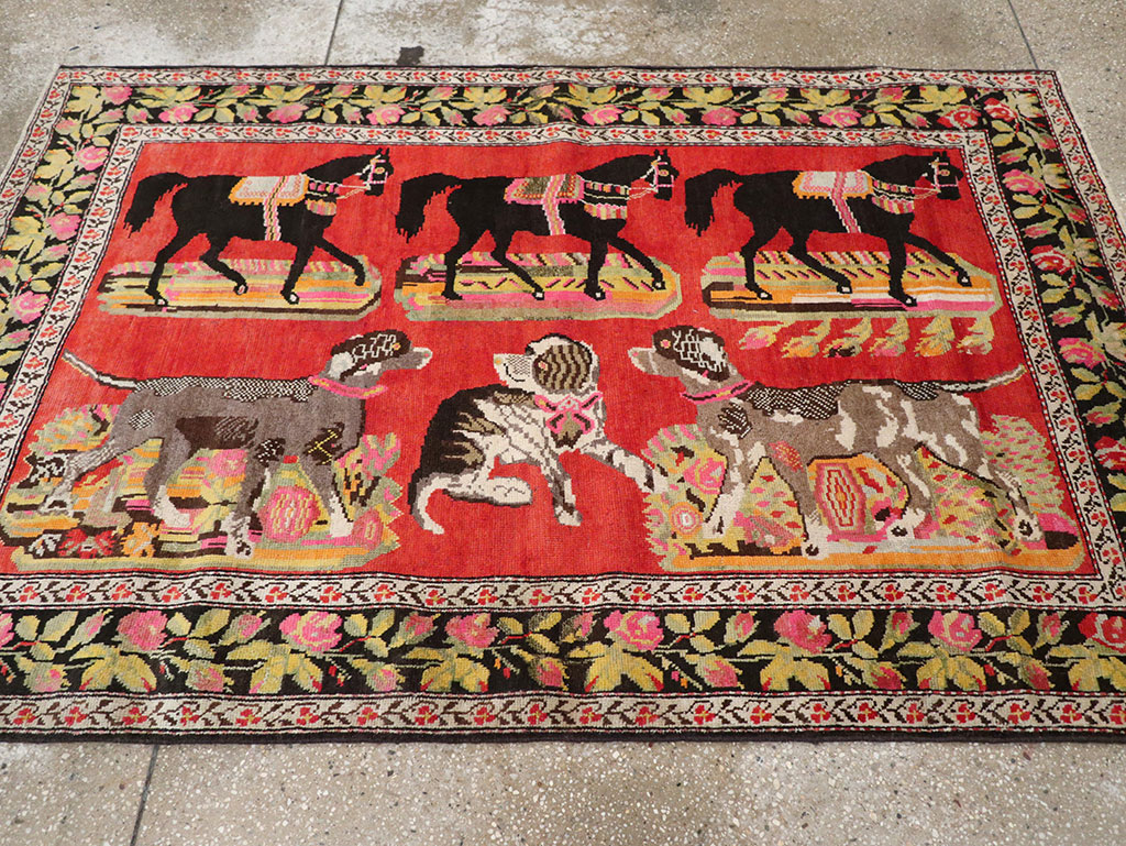 Vintage Caucasian Karabagh Pictorial Accent Rug, No.25651 - Gss