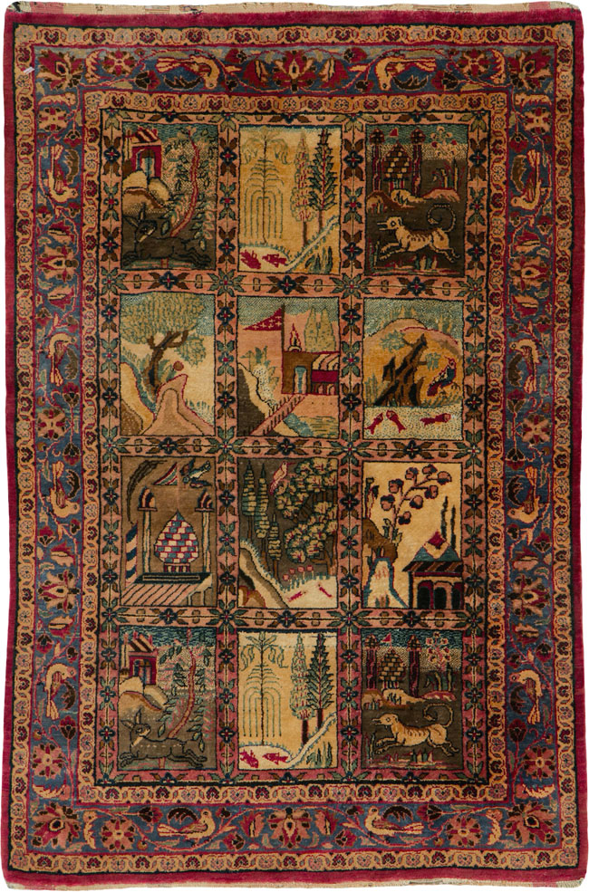 Antique Persian Kashan Silk Pictorial Rug, No.25682 - Gss