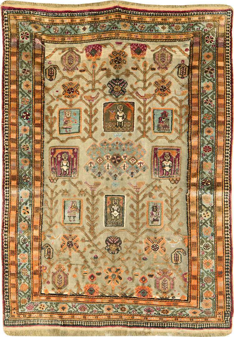 Silk Antique Persian Shiraz Pictorial Souf Throw Rug, No.26503 - Gss