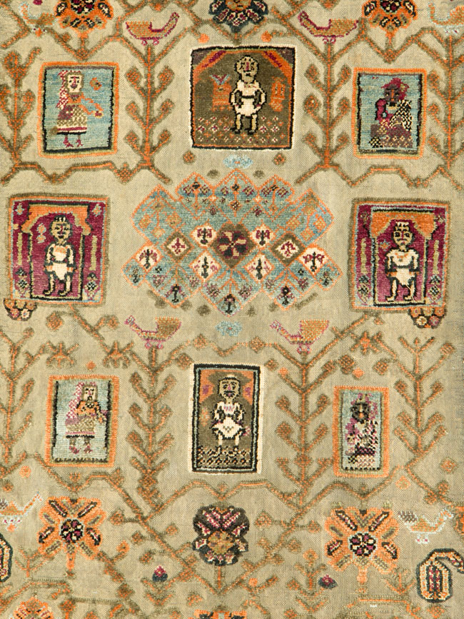 Silk Antique Persian Shiraz Pictorial Souf Throw Rug, No.26503 - Gss