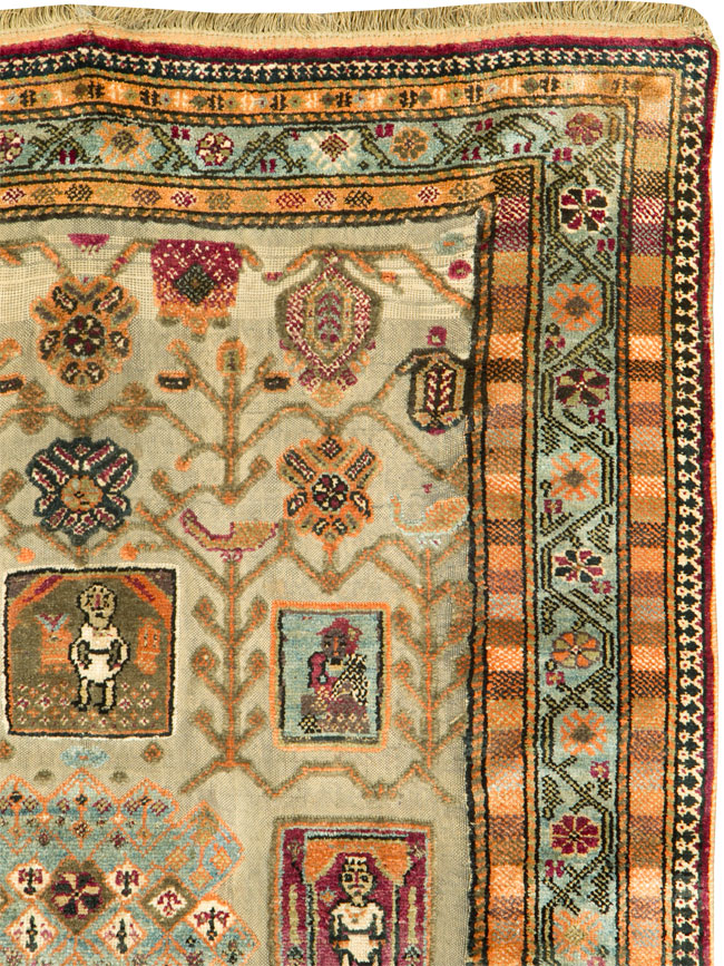 Silk Antique Persian Shiraz Pictorial Souf Throw Rug, No.26503 - Gss