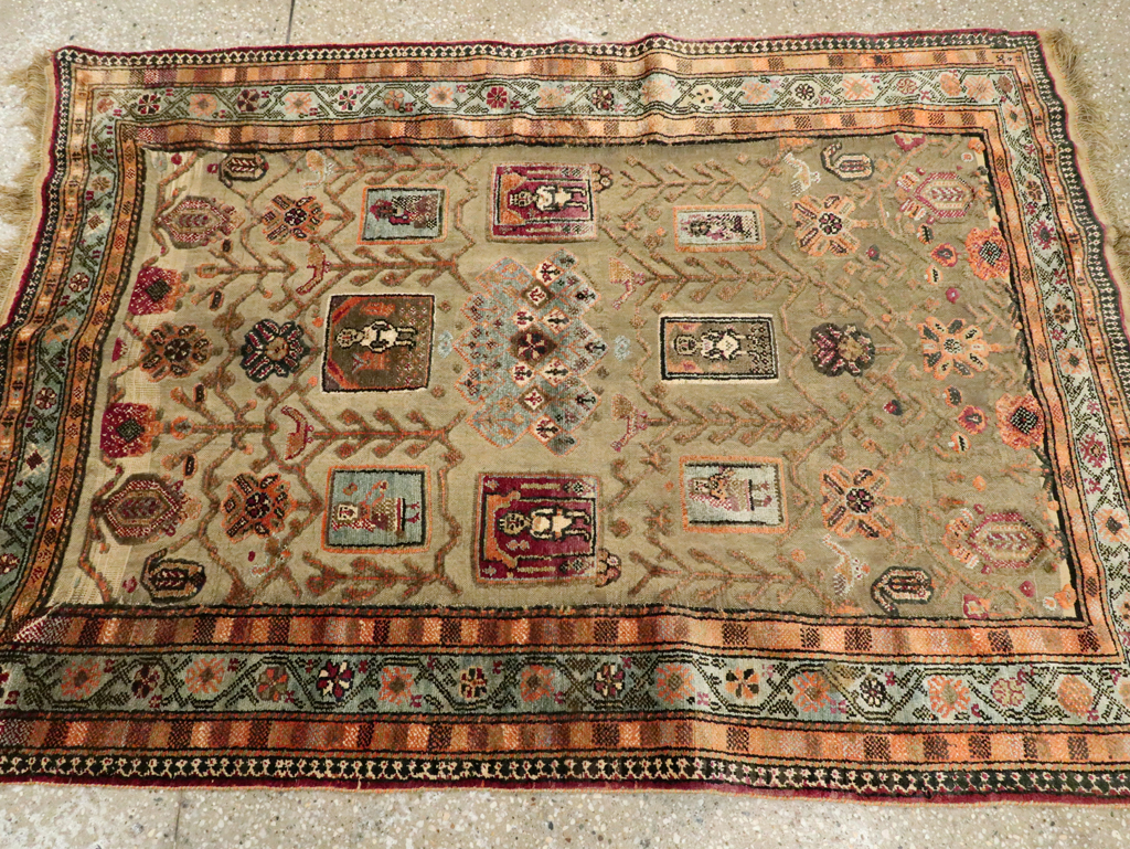 Silk Antique Persian Shiraz Pictorial Souf Throw Rug, No.26503 - Gss