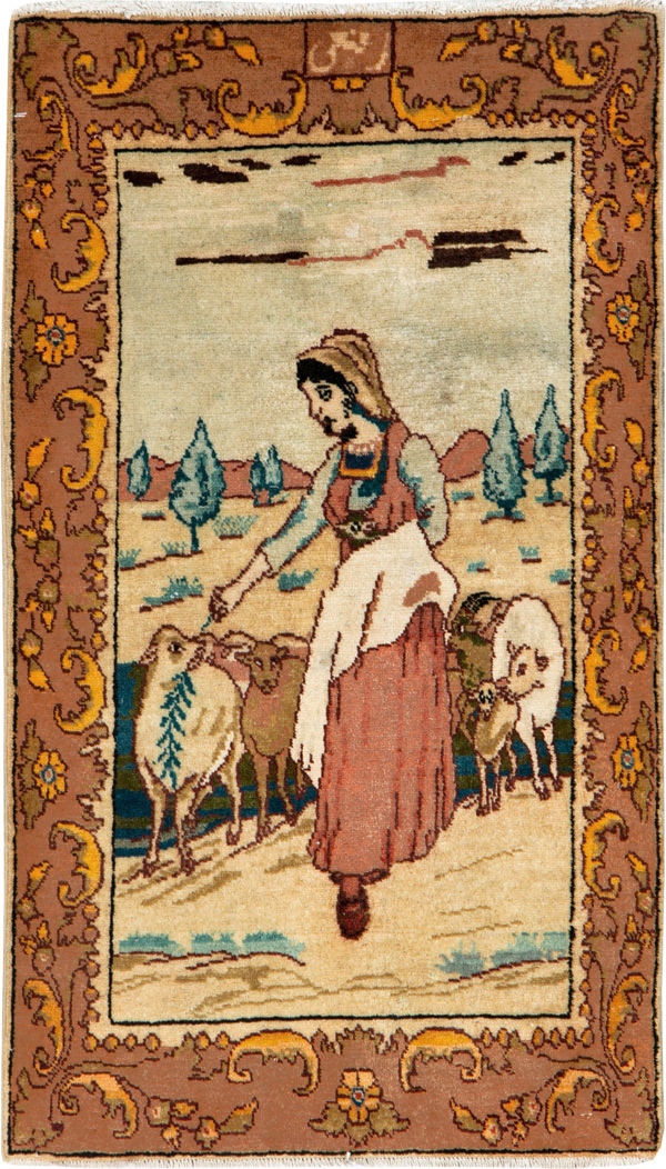 Vintage Persian Tabriz Pictorial Throw Rug, No.26711 - Gss