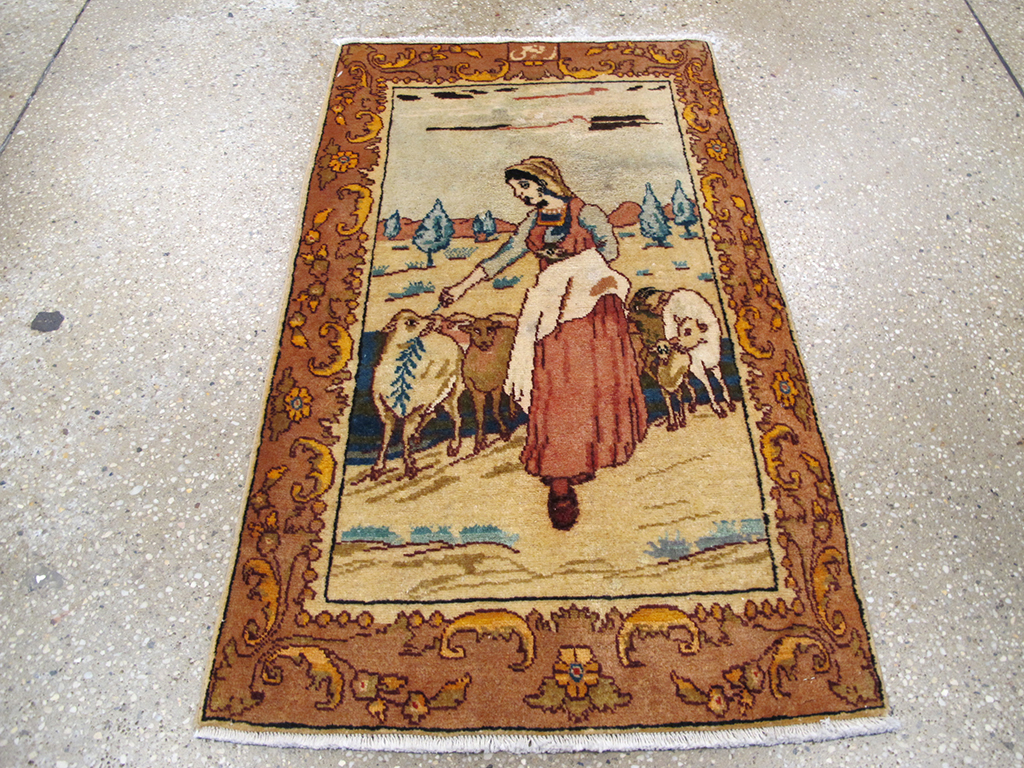 Vintage Persian Tabriz Pictorial Throw Rug, No.26711 - Gss