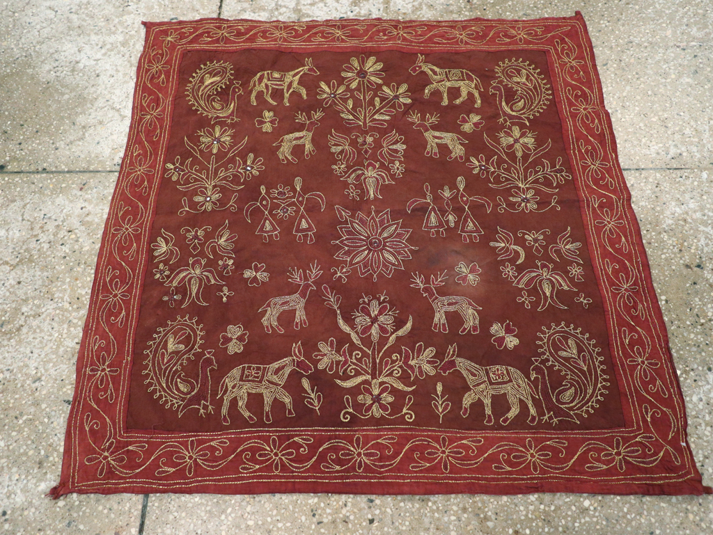 Vintage Persian Embroidered Textile Pictorial Wall Hanging, No.27546 - Gss