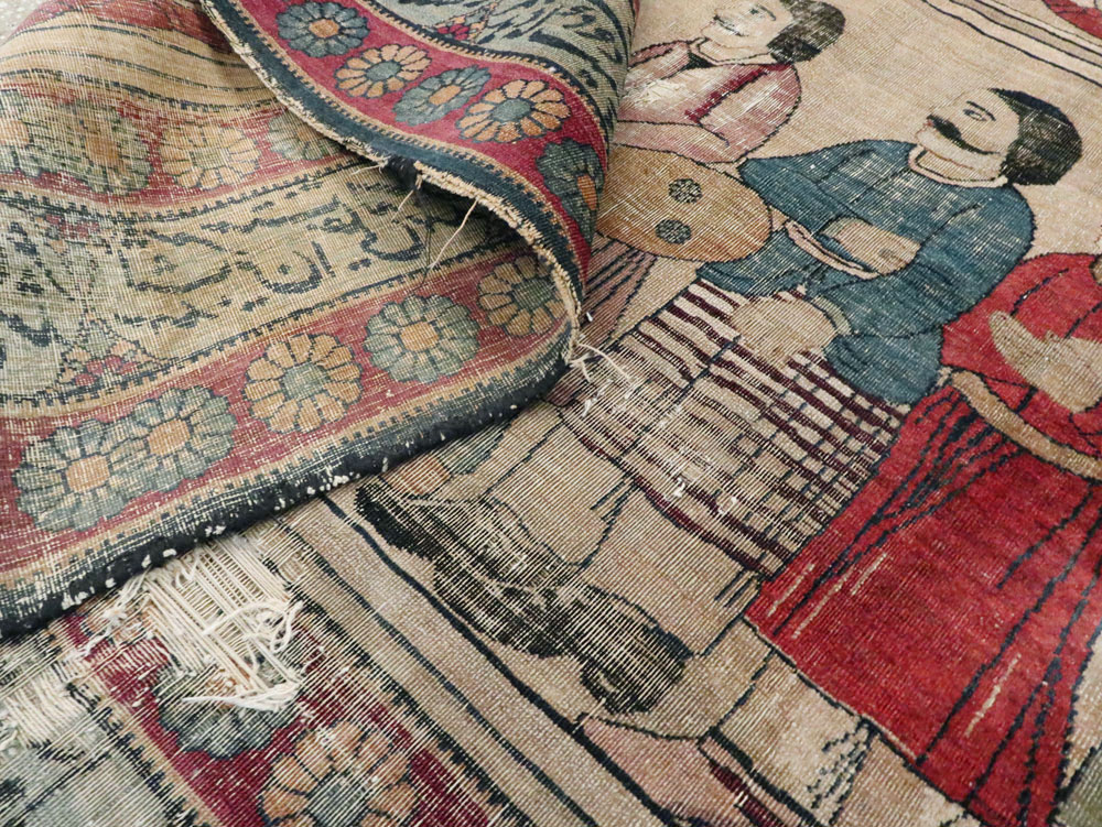 Antique Persian Lavar Kerman Pictorial Accent Carpet, No.27776 - Gss