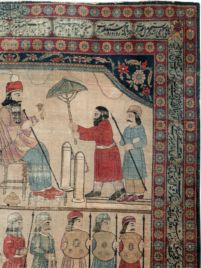 Antique Persian Lavar Kerman Pictorial Accent Carpet, No.27776 - Gss