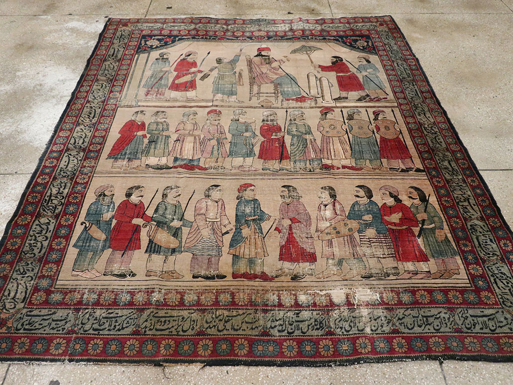 Antique Persian Lavar Kerman Pictorial Accent Carpet, No.27776 - Gss