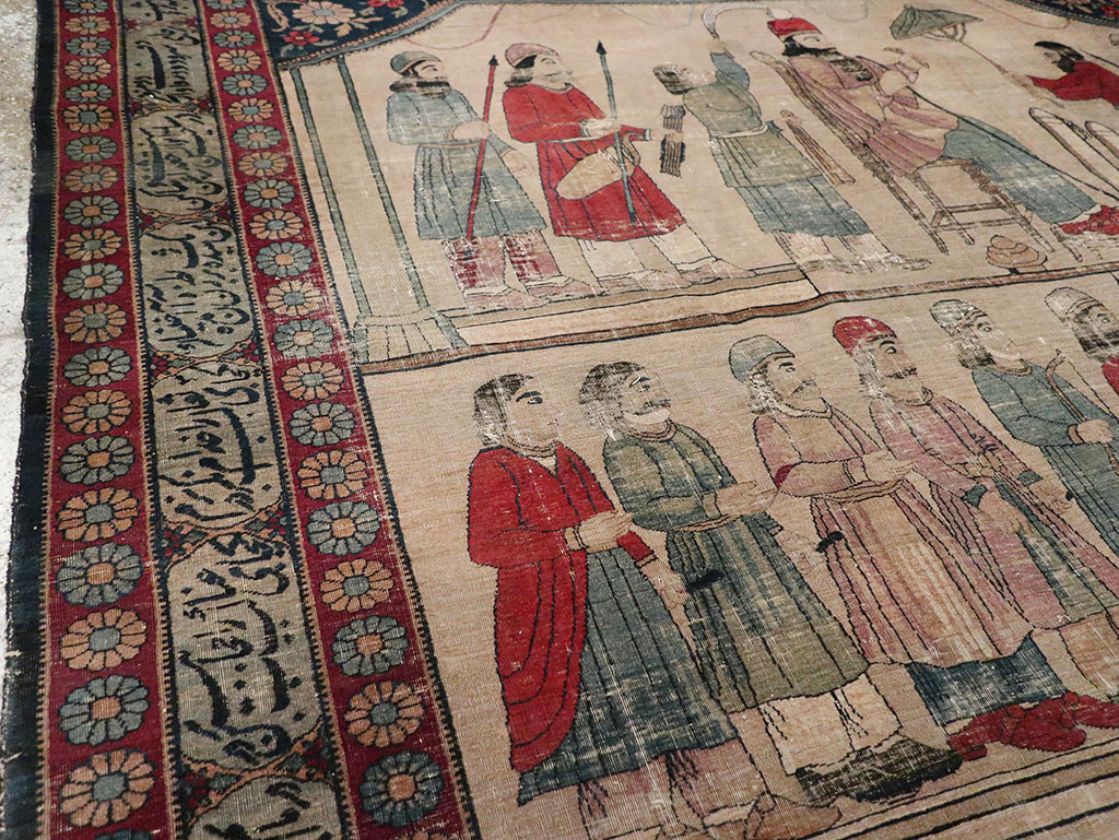 Antique Persian Lavar Kerman Pictorial Accent Carpet, No.27776 - Gss