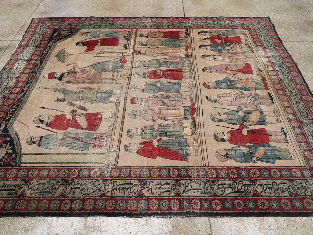Antique Persian Lavar Kerman Pictorial Accent Carpet, No.27776 - Gss