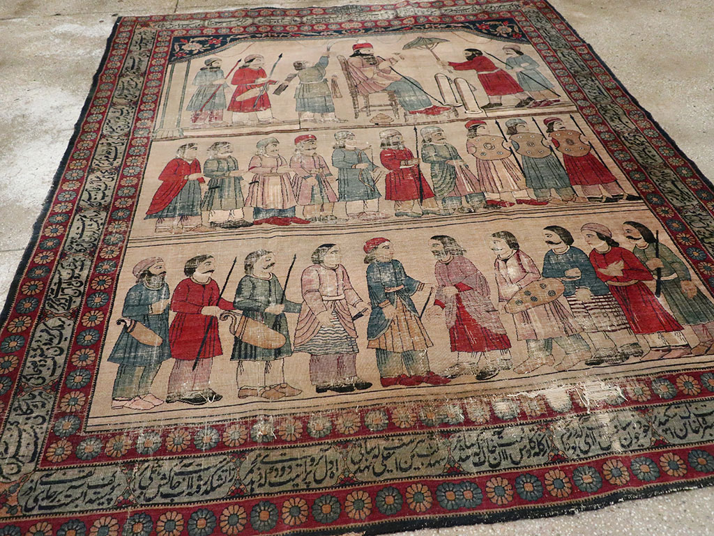 Antique Persian Lavar Kerman Pictorial Accent Carpet, No.27776 - Gss