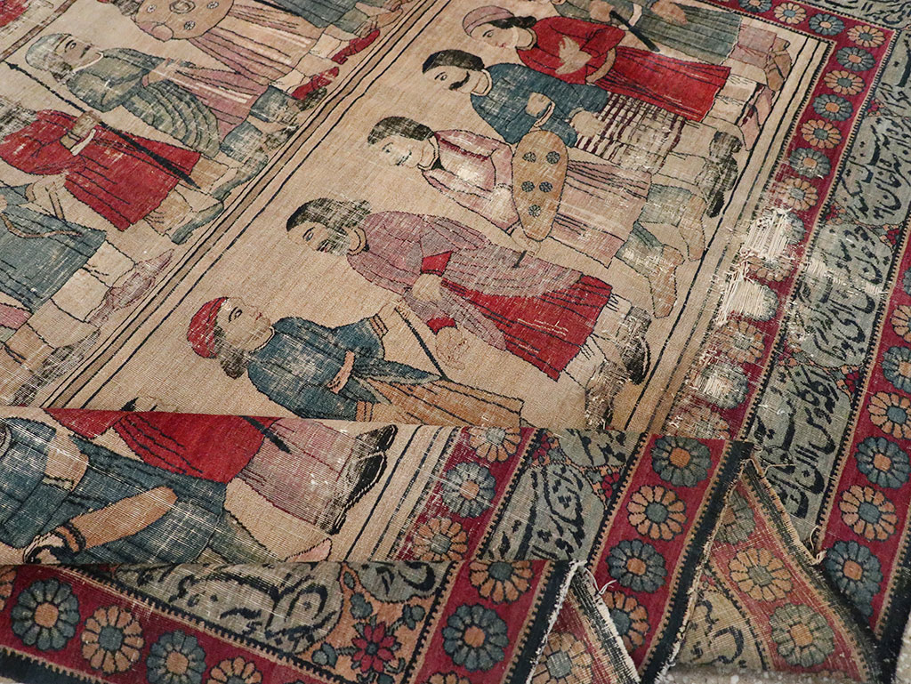 Antique Persian Lavar Kerman Pictorial Accent Carpet, No.27776 - Gss