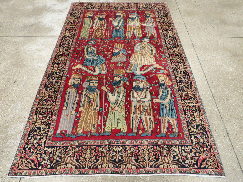 Vintage Persian Kerman Pictorial Accent Rug, No.27792 - Gss