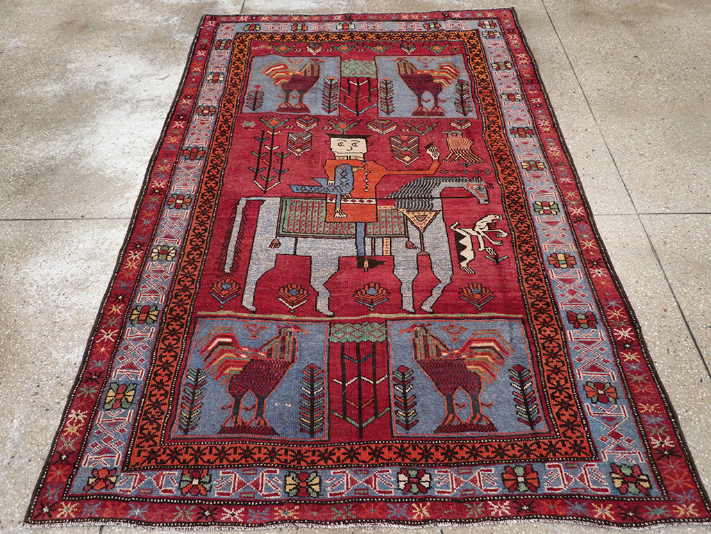 Vintage Caucasian Karabagh Pictorial Accent Rug, No.27793 - Gss