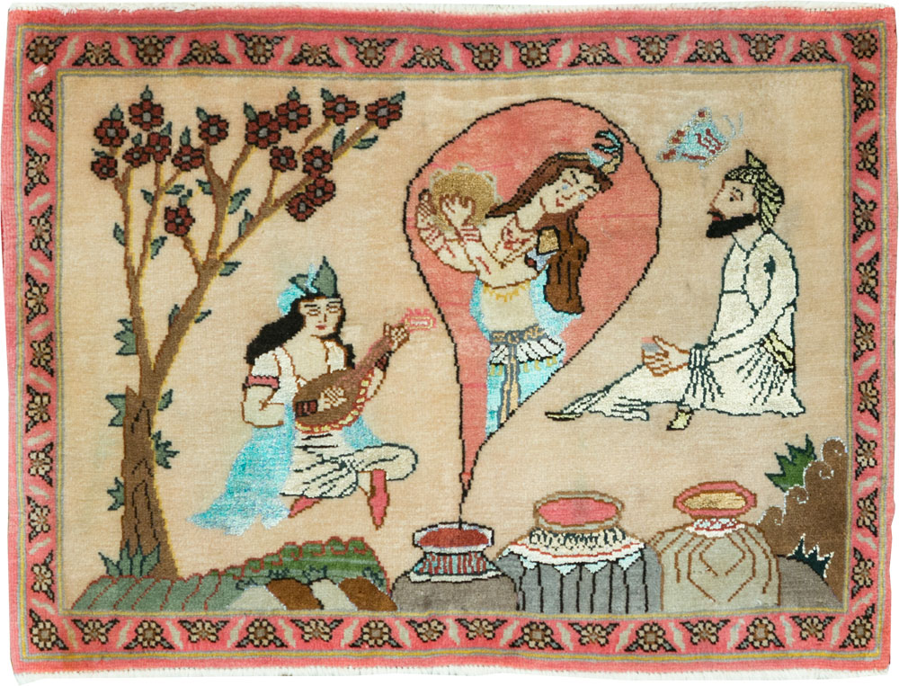 Vintage Persian Quom Pictorial Rug, No.27808 - Gss