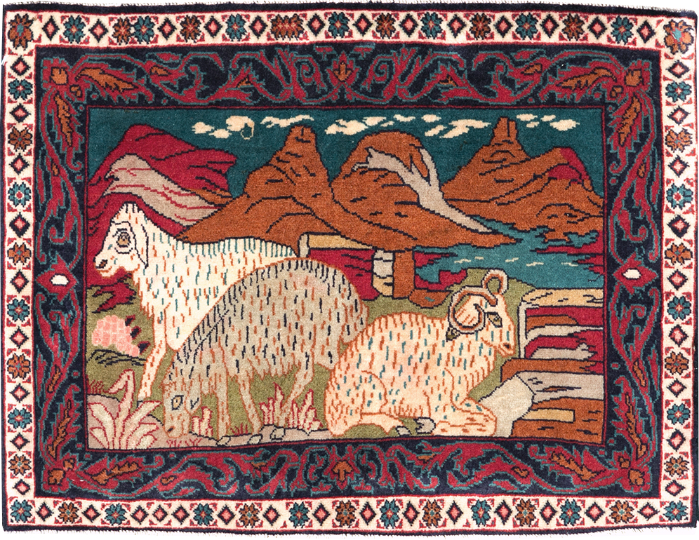 Vintage Persian Sarouk Pictorial Throw Rug (Pair: 1 of 2), No.27994 - Gss