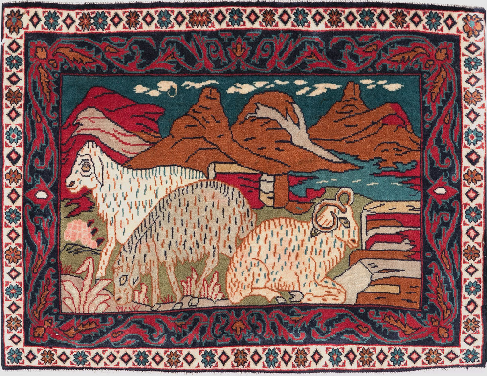 Vintage Persian Sarouk Pictorial Throw Rug (Pair: 1 of 2), No.27994 - Gss
